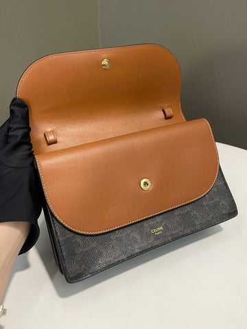 Open image in slideshow, Celine Wallet on Strap Triomphe Canvas / Tan Lambskin