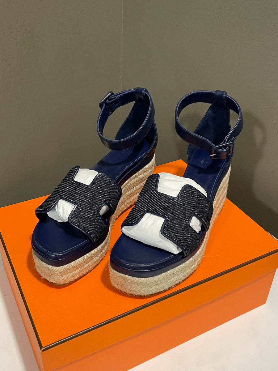 Hermes Elda Espadrille Wedges Bleu Brut Bleu Obscur Size 39 - Main Image