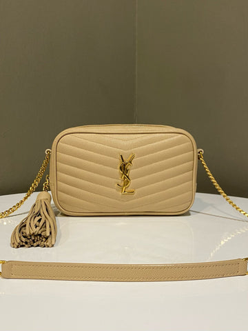 Open image in slideshow, Saint Laurent Mini Lou Camera Bag Dark Beige Grainy Calfskin