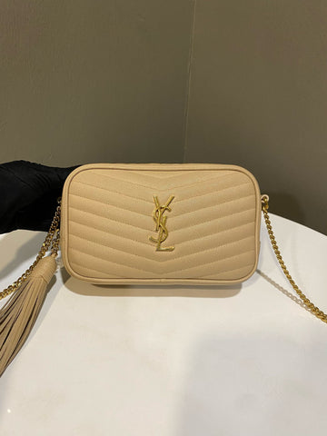 Open image in slideshow, Saint Laurent Mini Lou Camera Bag Dark Beige Grainy Calfskin