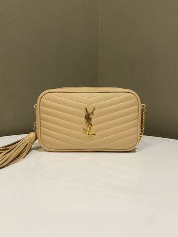 Open image in slideshow, Saint Laurent Mini Lou Camera Bag Dark Beige Grainy Calfskin