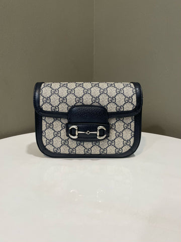 Open image in slideshow, Gucci 1955 Horsebit Mini Shoulder Bag Midnight GG Supreme Monogram