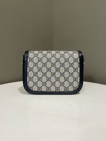 Open image in slideshow, Gucci 1955 Horsebit Mini Shoulder Bag Midnight GG Supreme Monogram