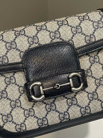 Open image in slideshow, Gucci 1955 Horsebit Mini Shoulder Bag Midnight GG Supreme Monogram