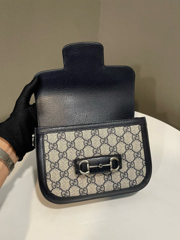 Open image in slideshow, Gucci 1955 Horsebit Mini Shoulder Bag Midnight GG Supreme Monogram