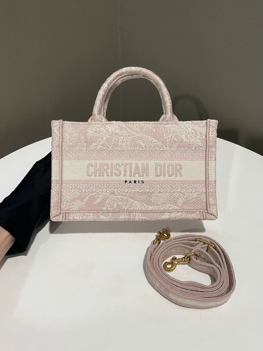 Dior Book Tote Mini w Strap Pale Pink Toile de Jouy Reverse Embroidery