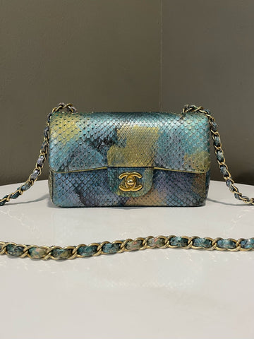 Open image in slideshow, Chanel Classic Mini Rectangular Gold Blue Green Iridescent Python
