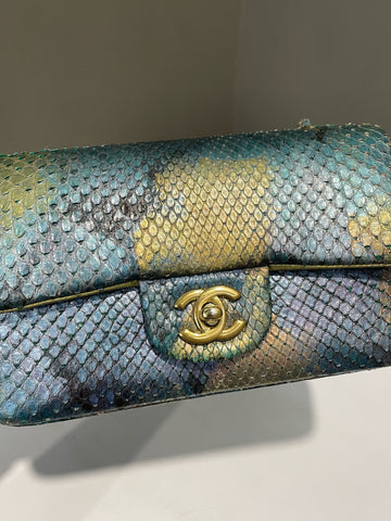 Open image in slideshow, Chanel Classic Mini Rectangular Gold Blue Green Iridescent Python