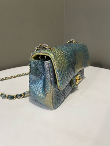 Open image in slideshow, Chanel Classic Mini Rectangular Gold Blue Green Iridescent Python
