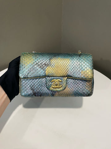 Open image in slideshow, Chanel Classic Mini Rectangular Gold Blue Green Iridescent Python