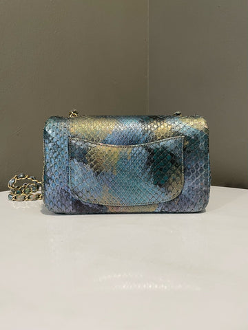 Open image in slideshow, Chanel Classic Mini Rectangular Gold Blue Green Iridescent Python