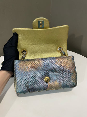 Open image in slideshow, Chanel Classic Mini Rectangular Gold Blue Green Iridescent Python