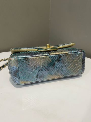 Open image in slideshow, Chanel Classic Mini Rectangular Gold Blue Green Iridescent Python