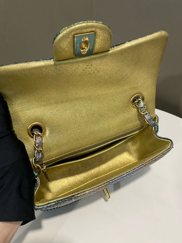 Open image in slideshow, Chanel Classic Mini Rectangular Gold Blue Green Iridescent Python
