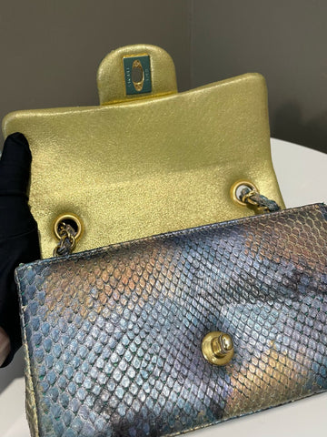 Open image in slideshow, Chanel Classic Mini Rectangular Gold Blue Green Iridescent Python