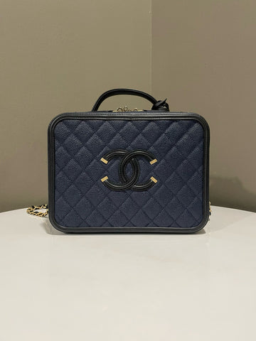 Open image in slideshow, Chanel Filigree Vanity Case Navy / Black Caviar