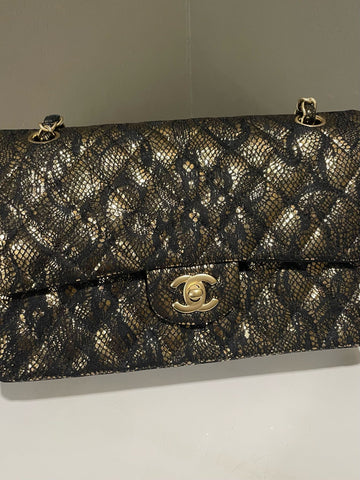 Open image in slideshow, Chanel Classic Quilted Lace Medium Double Flap Black Gold