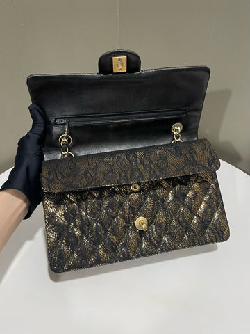 Open image in slideshow, Chanel Classic Quilted Lace Medium Double Flap Black Gold