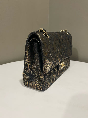 Open image in slideshow, Chanel Classic Quilted Lace Medium Double Flap Black Gold