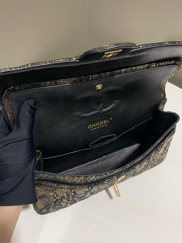 Open image in slideshow, Chanel Classic Quilted Lace Medium Double Flap Black Gold
