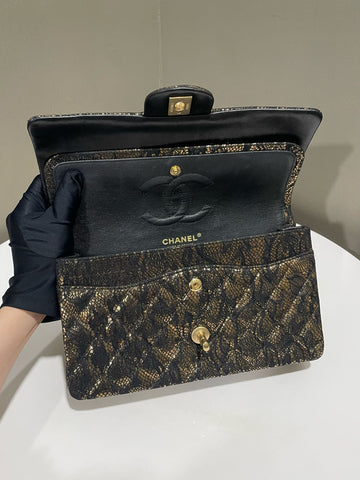 Open image in slideshow, Chanel Classic Quilted Lace Medium Double Flap Black Gold