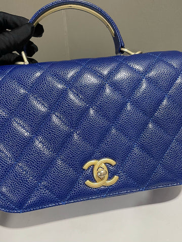 Open image in slideshow, Chanel Quilted Top Handle Flap Electric Blue Caviar