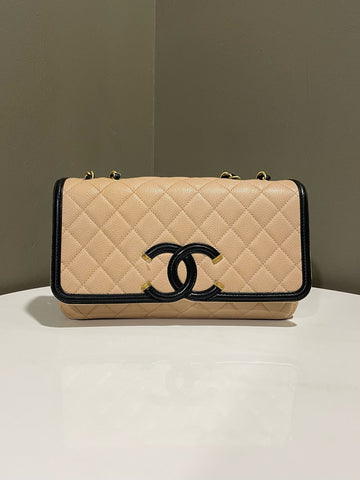 Open image in slideshow, Chanel Filigree Flap Bag Beige/ Black Caviar