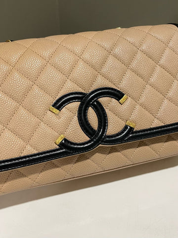 Open image in slideshow, Chanel Filigree Flap Bag Beige/ Black Caviar