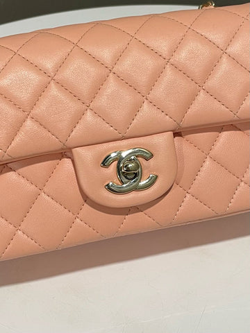Open image in slideshow, Chanel 22C Classic Quilted Mini Rectangular Peach Stiff Lambskin