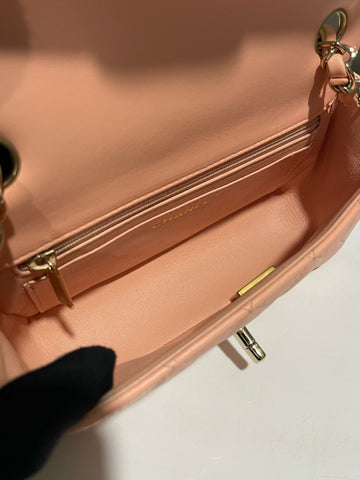 Open image in slideshow, Chanel 22C Classic Quilted Mini Rectangular Peach Stiff Lambskin