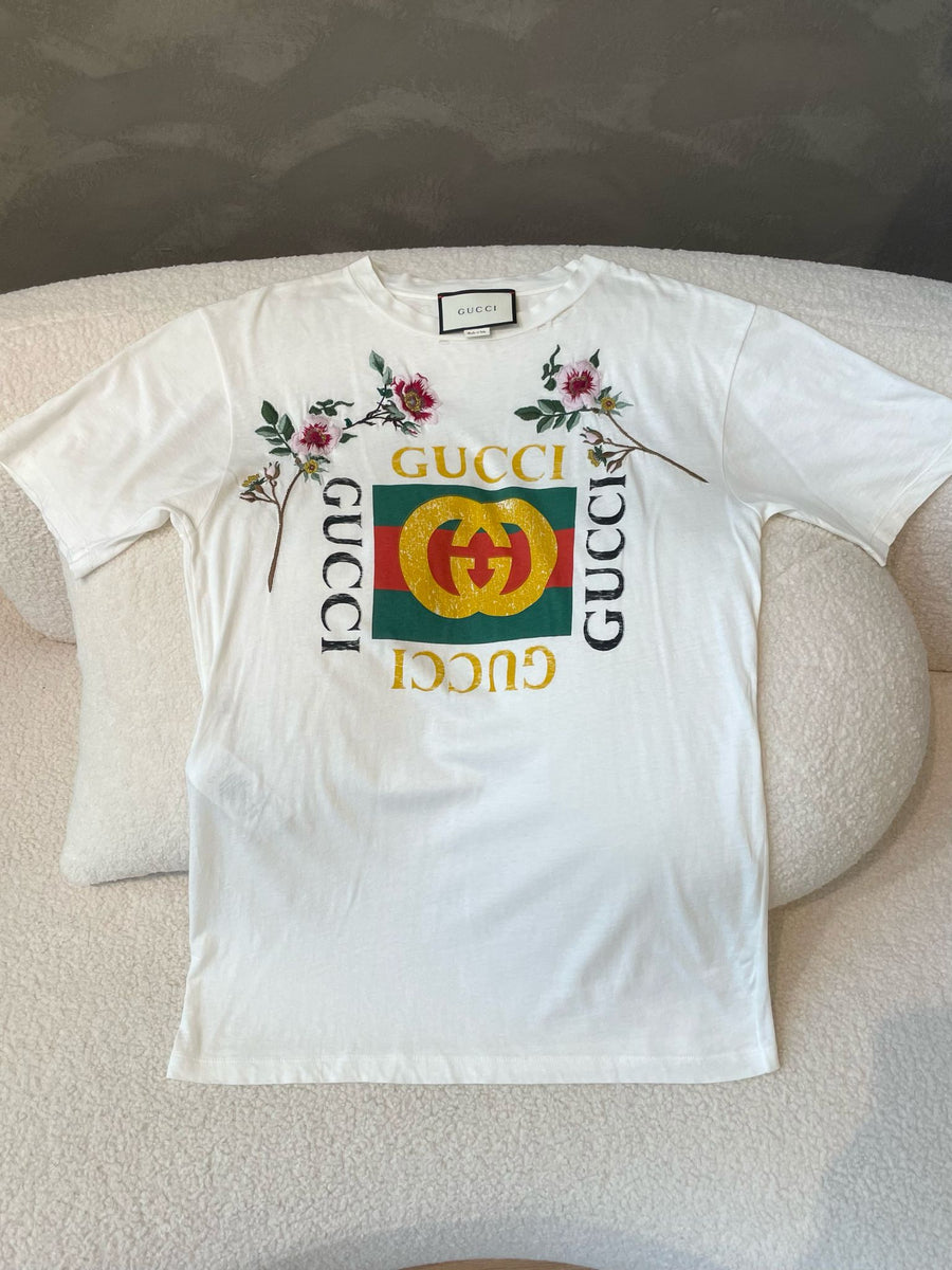 GUCCI グッチ レディース フラワーワッペン 刺繍 Tシャツ ホワイト L Gucci Embroidered Flower T Shirt White – LOVELOTSLUXURY