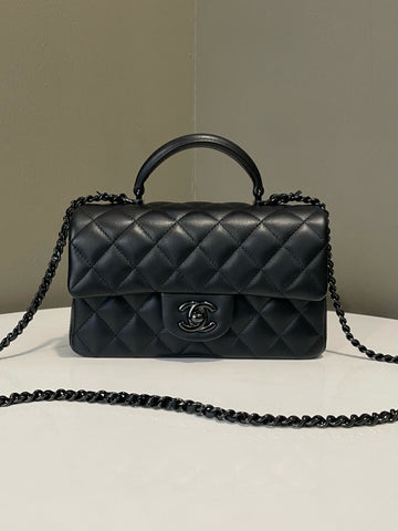 Open image in slideshow, Chanel Quilted Top Handle Mini Rectangular So Black Stiff Lambskin