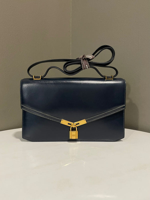 Hermes Kelly Cadena Shoulder Flap Bag Bleu Indigo Box