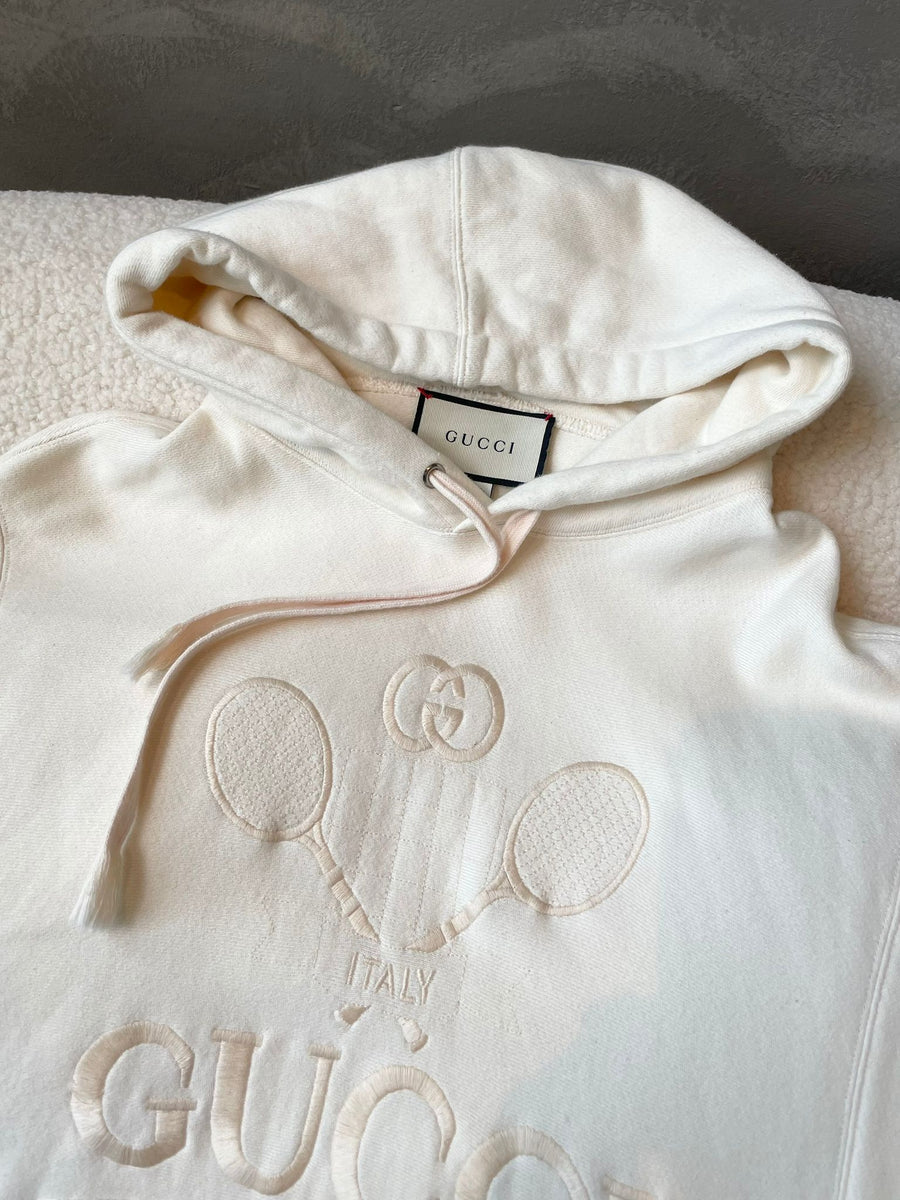 Gucci Tennis Logo Embroidered Hoodie Ecru