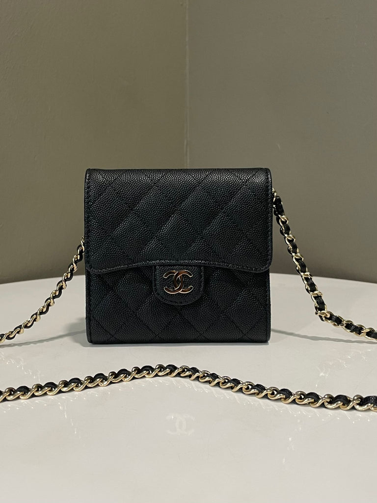 Chanel Quilted Classic Flap Black Wallet On Chain 
Black Caviar
