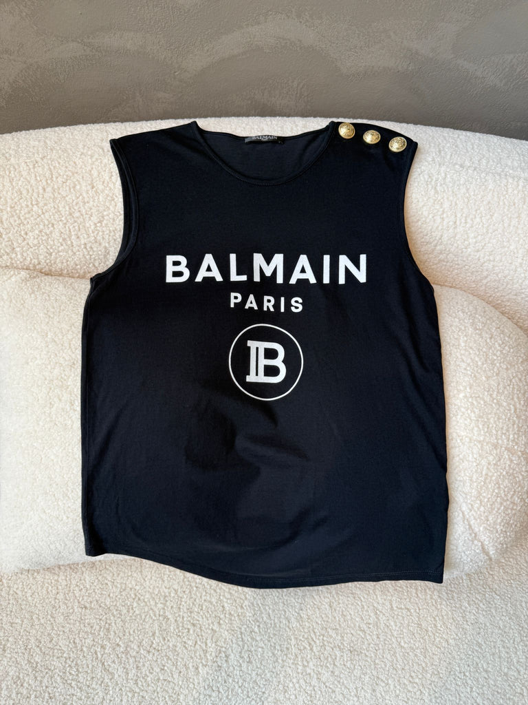 Balmain Logo Gold Button Sleeveless Top Black