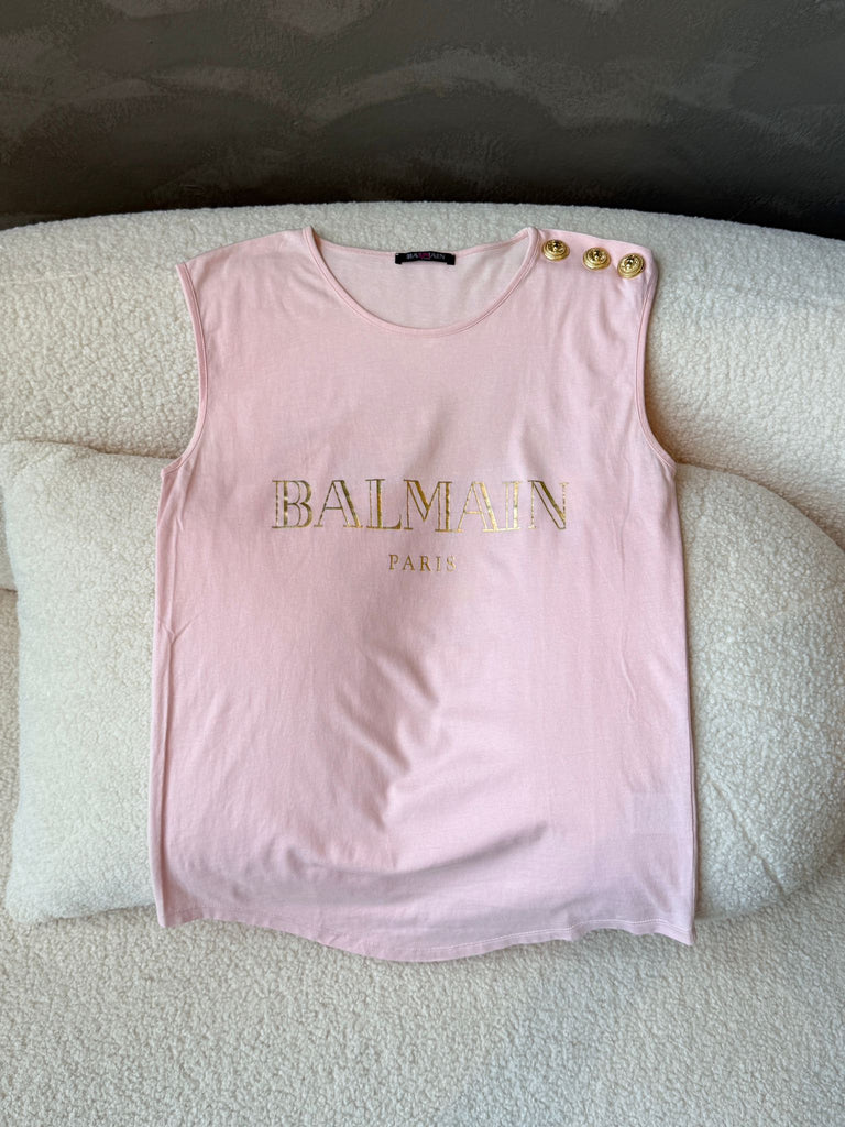 Balmain Logo Gold Button Sleeveless Top Pink
