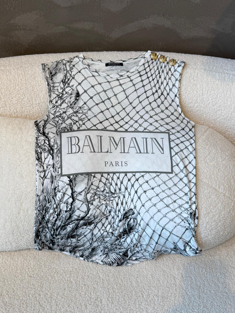 Balmain Printed Button Shirt White / Black 100% Cotton Size 36
