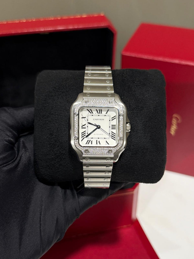 Cartier Santos De Cartier Medium Steel Bracelet Brilliant Cut Diamond Bezel