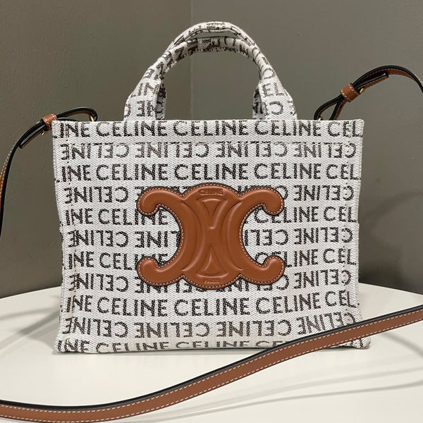 Celine All Over Print Small Cabas Thais Tote White Canvas / Tan Calfskin