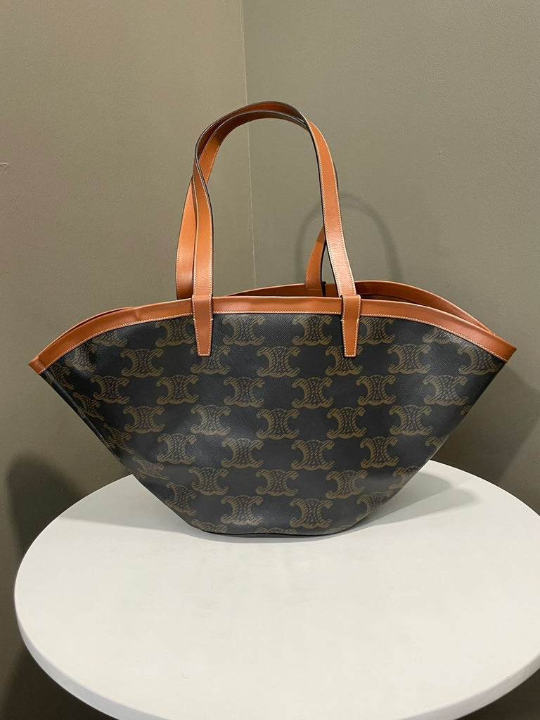 Celine Couffin Tote Bag Tan Calfskin / Triomphe Canvas