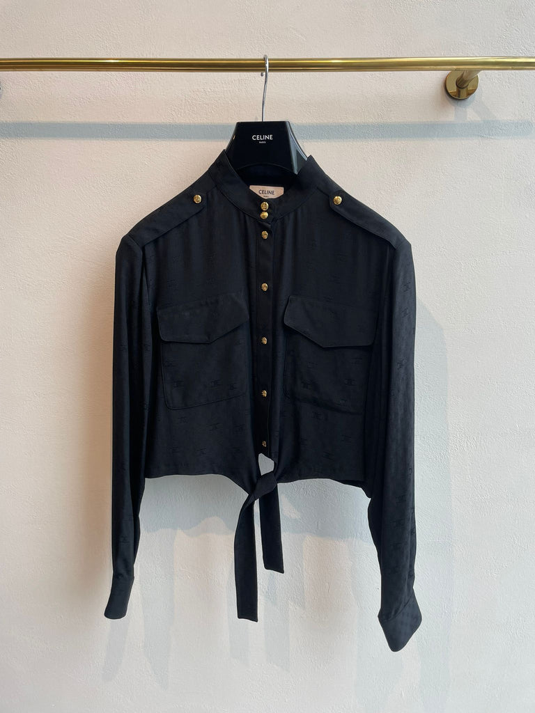Celine Logo Silky Crop Button Blouse Black