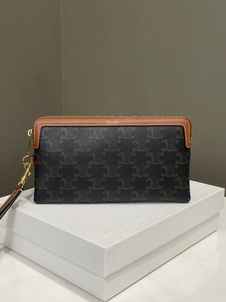 Celine Long Pouch With Strap Triomphe Canvas / Calfskin