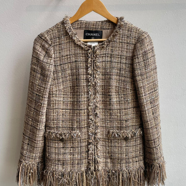 Chanel 10A Fringe-trim Tweed Jacket
Dark Beige