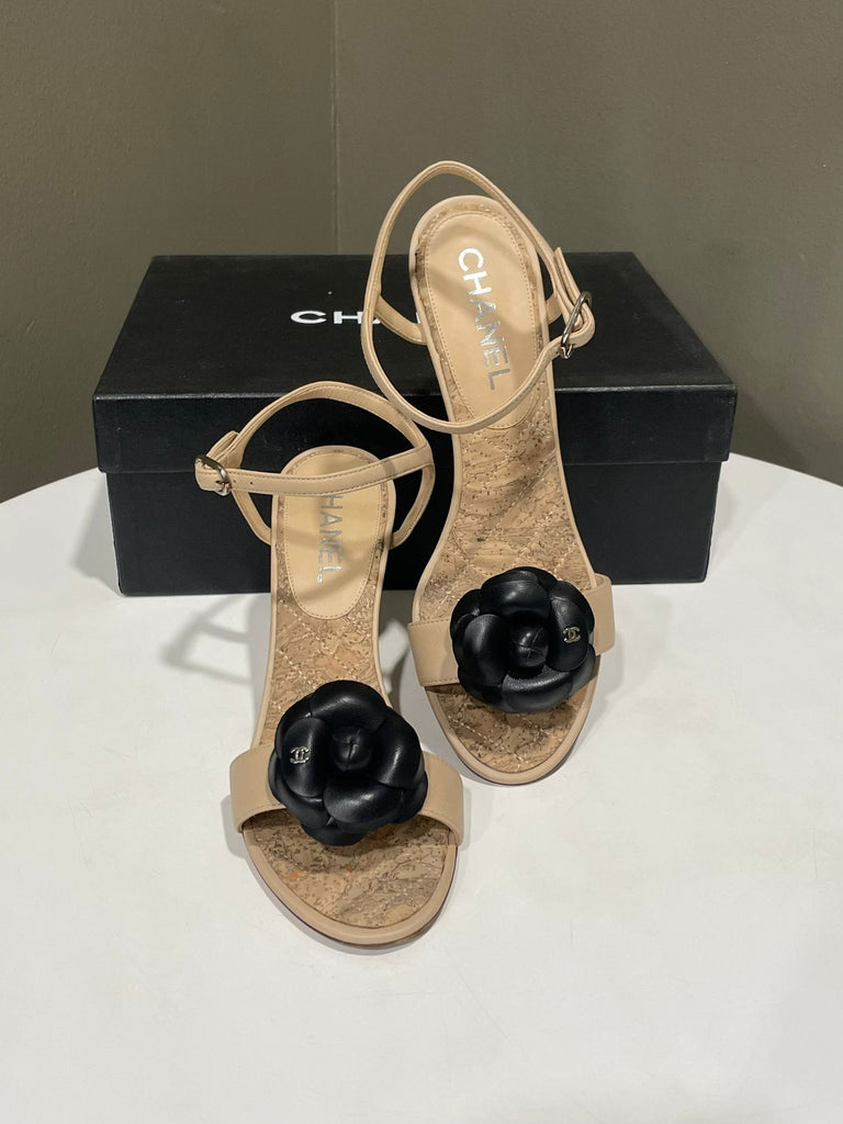 Chanel 14C Camellia Wedge Sandal
Beige/ Black Cork 
