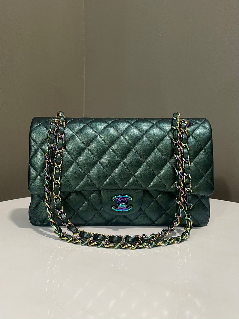 Chanel 16C Classic Quilted Medium Double Flap Emerald Iridescent Mermaid