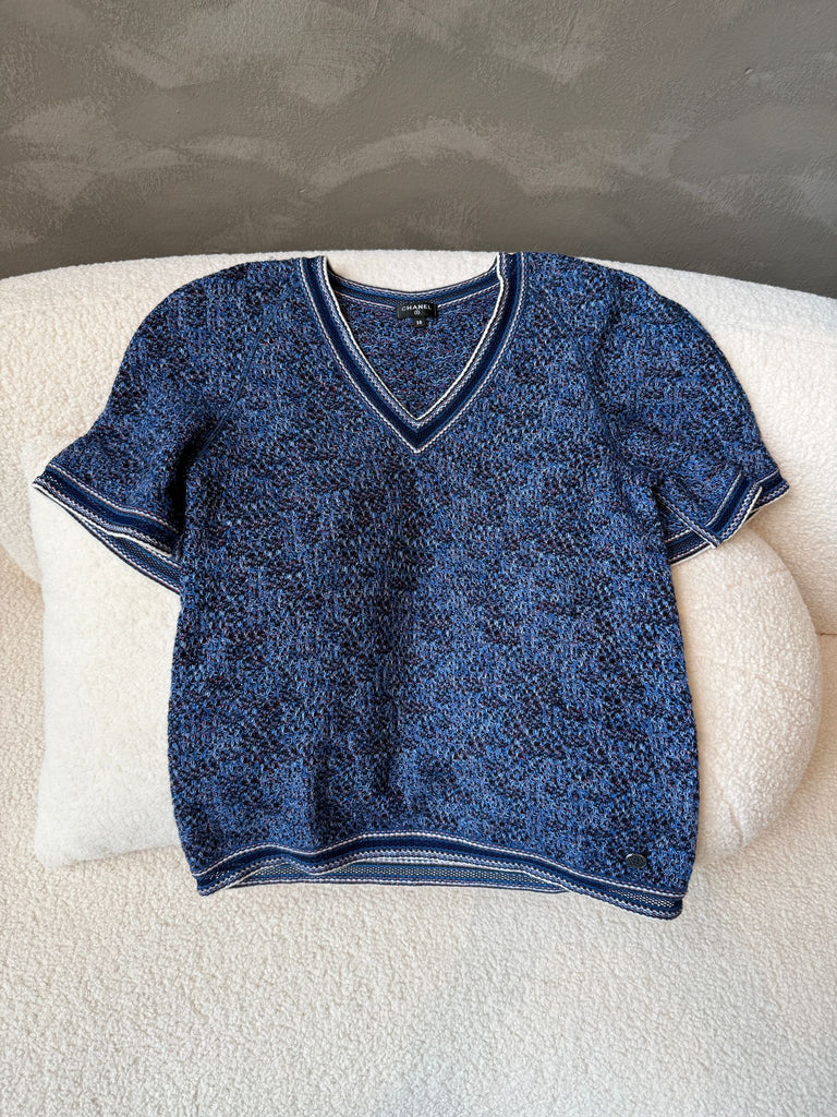 Chanel 17P V Neck Pullover Top Denim Blue Mix