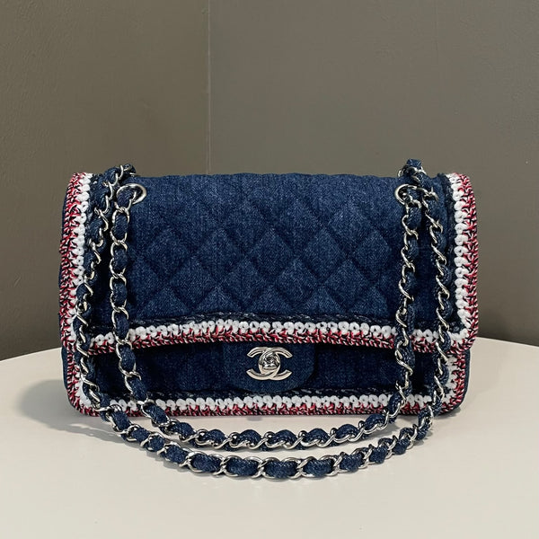 Chanel 18B Cc Quilted Flap Bag Blue Denim Braided Tweed Frame