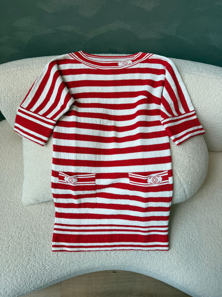 Chanel 19P Strip Pull Over Dress White Vermillion Red 