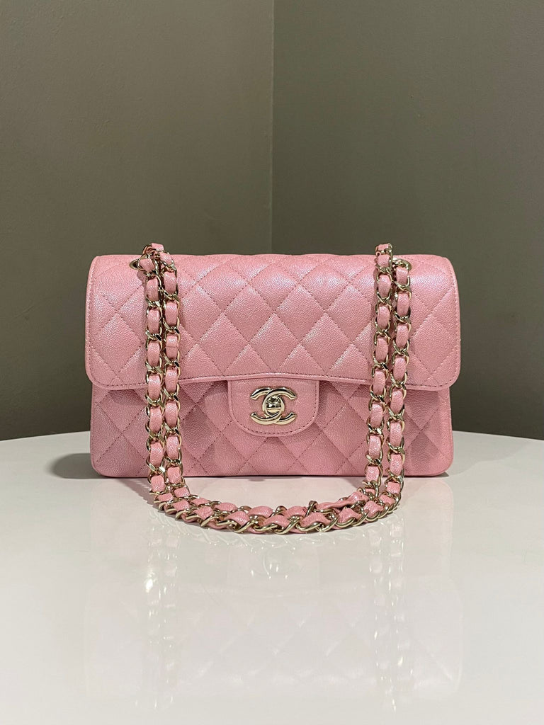 Chanel 19S Classic Quilted Small Double Flap Iridescent Pink Caviar